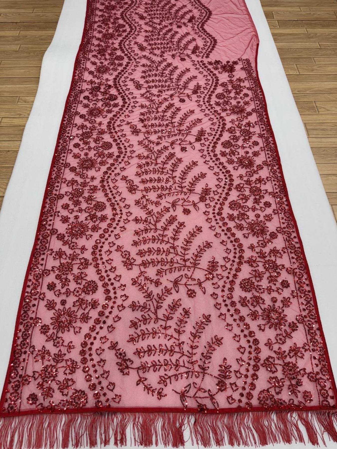 Red Net Saree - blouse and border close-up