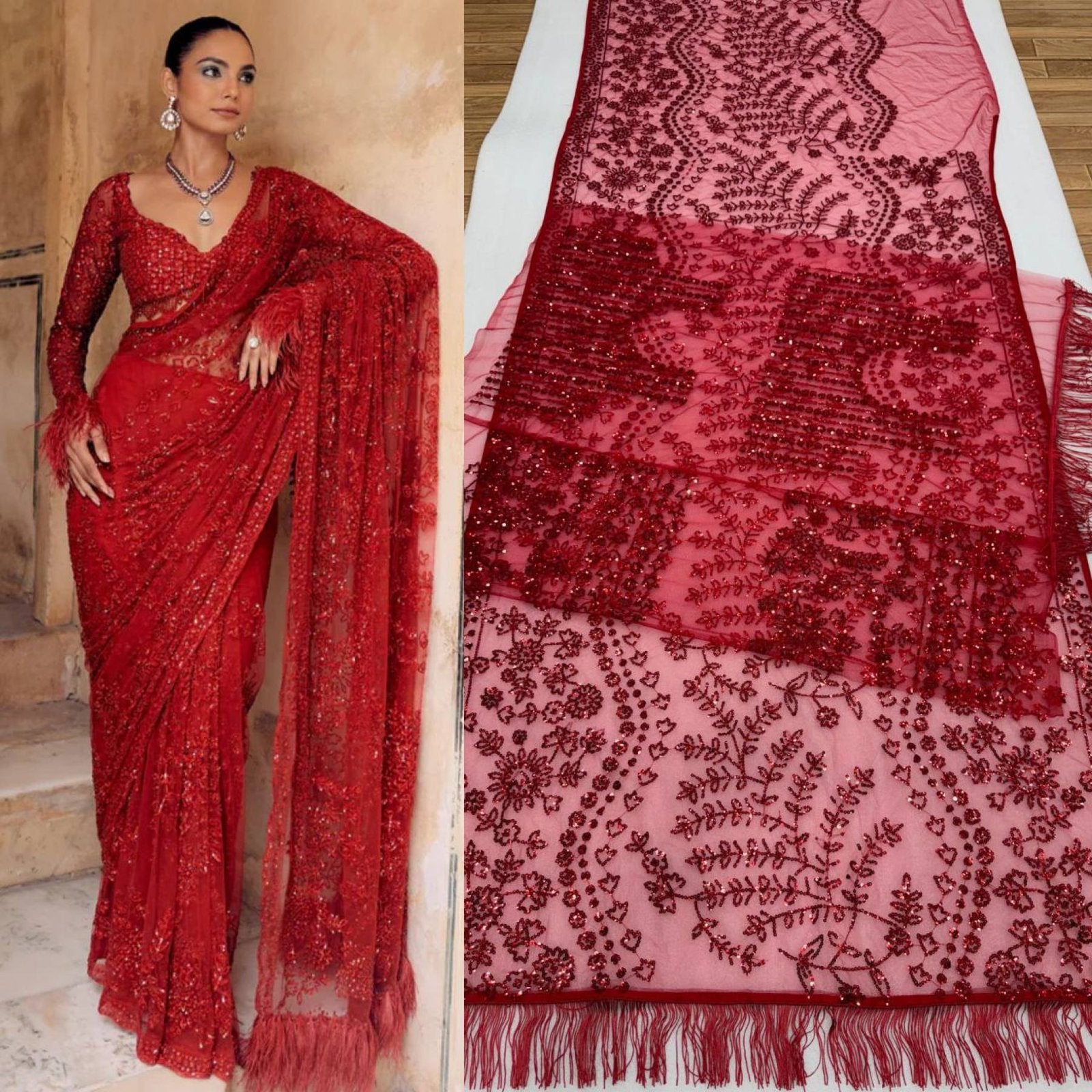 Red Net Saree - Embroidery embroidery work detail