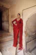 Red Net Saree - Embroidery back view