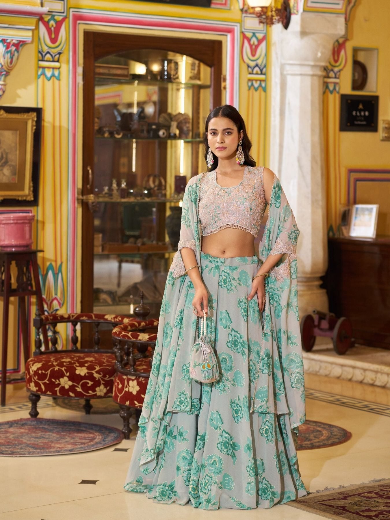 Ready to Wear Georgette Lehenga Choli with Sequins Work for Festive Wear blouse and dupatta detail