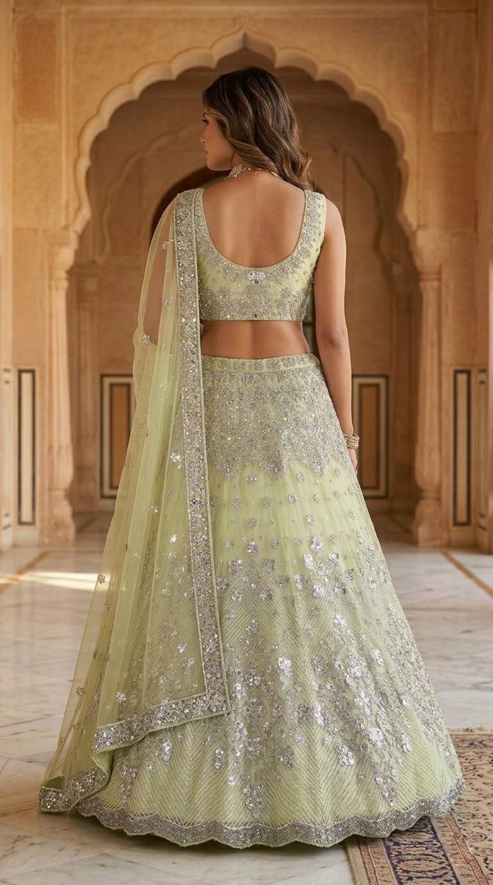 Lehenga Set with Intricate Mirror and Floral Embroidery blouse and dupatta detail