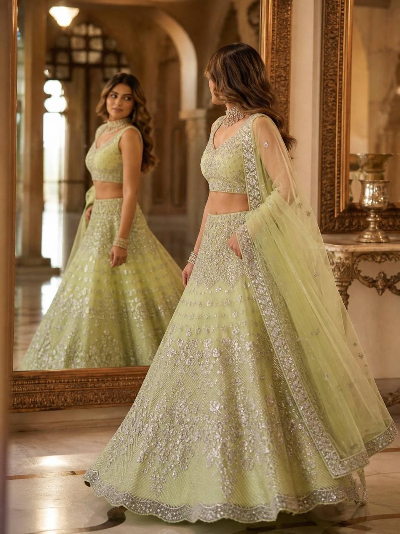 Lehenga Set with Intricate Mirror and Floral Embroidery styling view