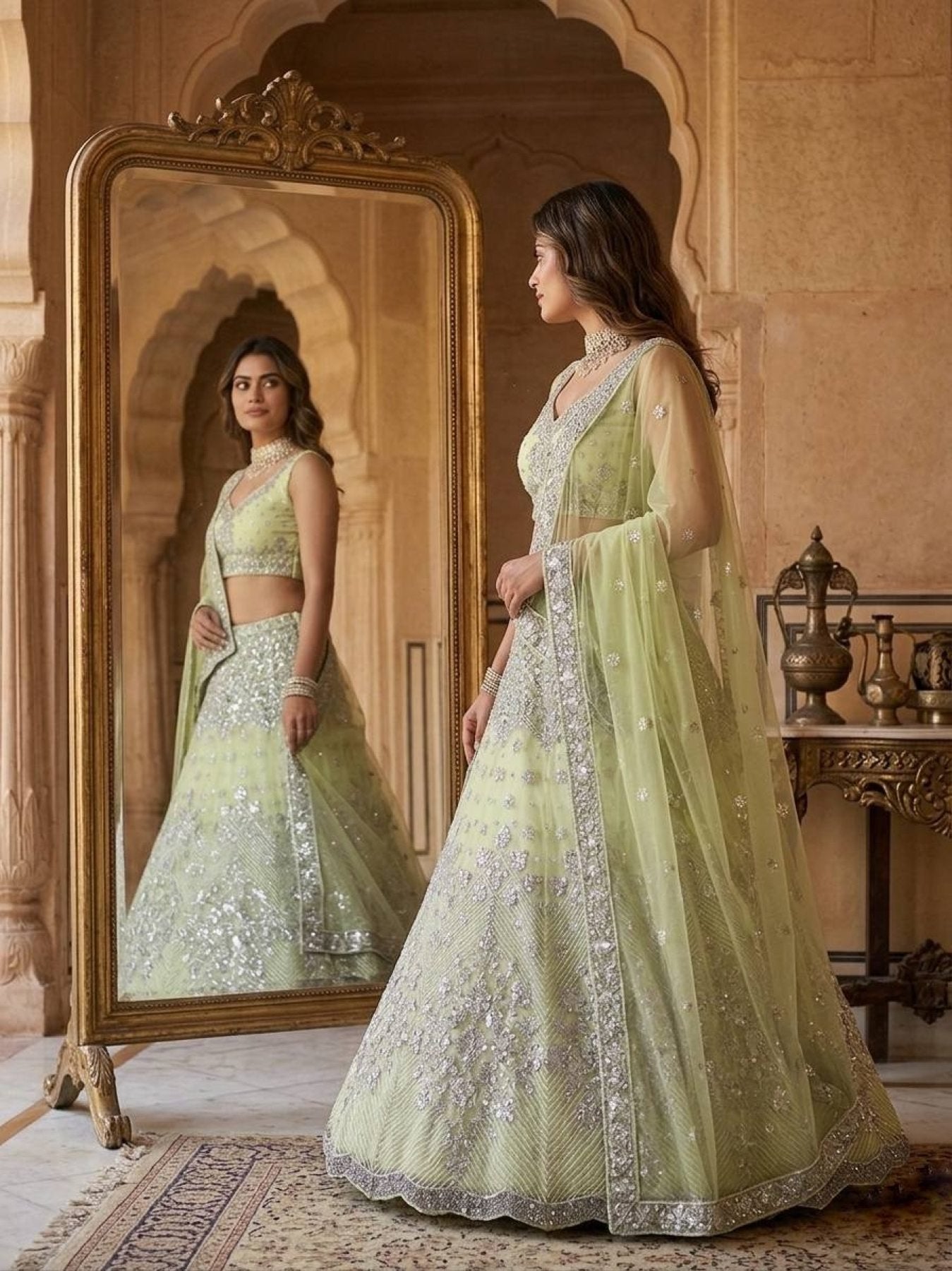 Lehenga Set with Intricate Mirror and Floral Embroidery colour variant view
