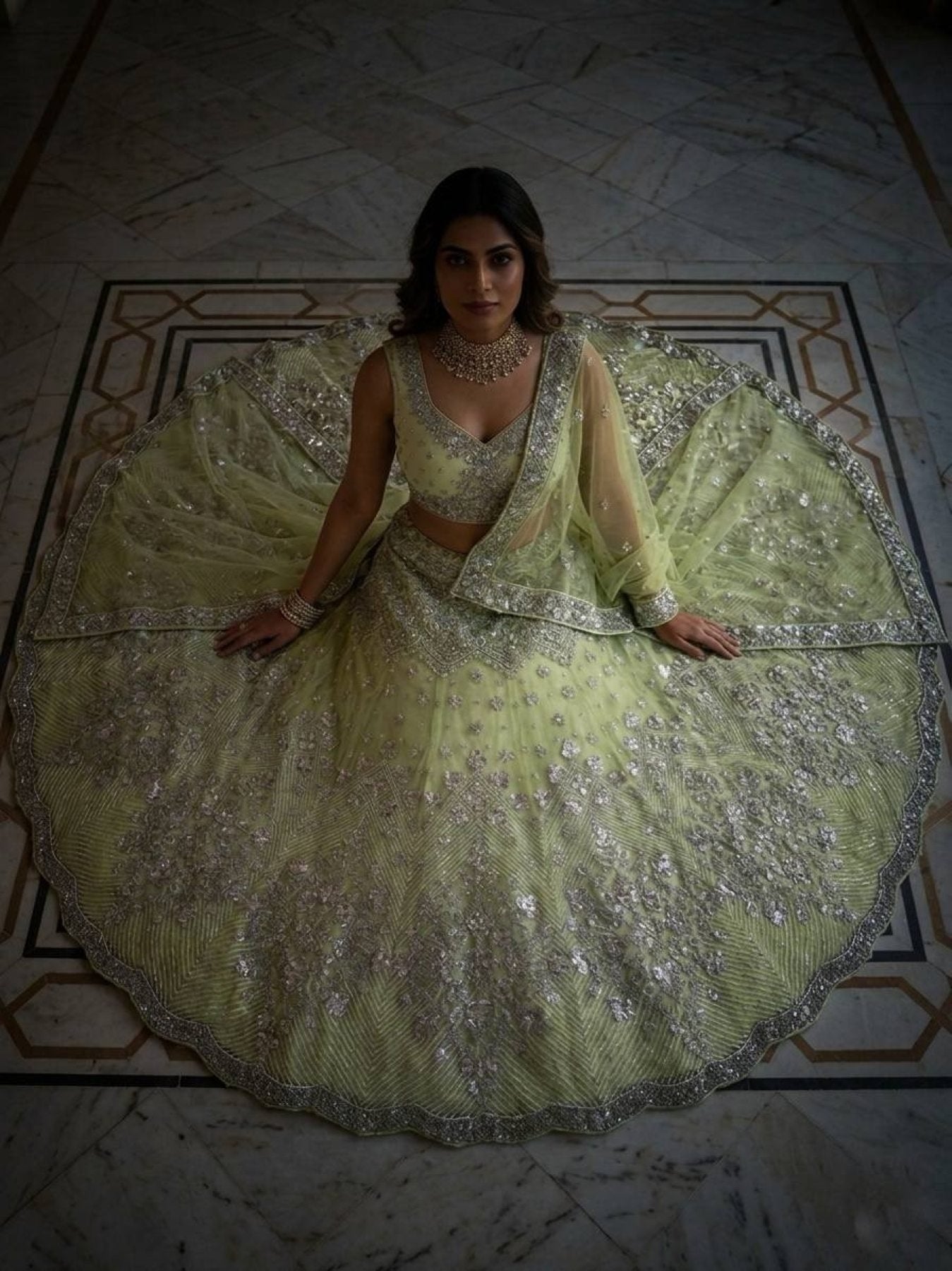 Lehenga Set with Intricate Mirror and Floral Embroidery blouse and dupatta detail