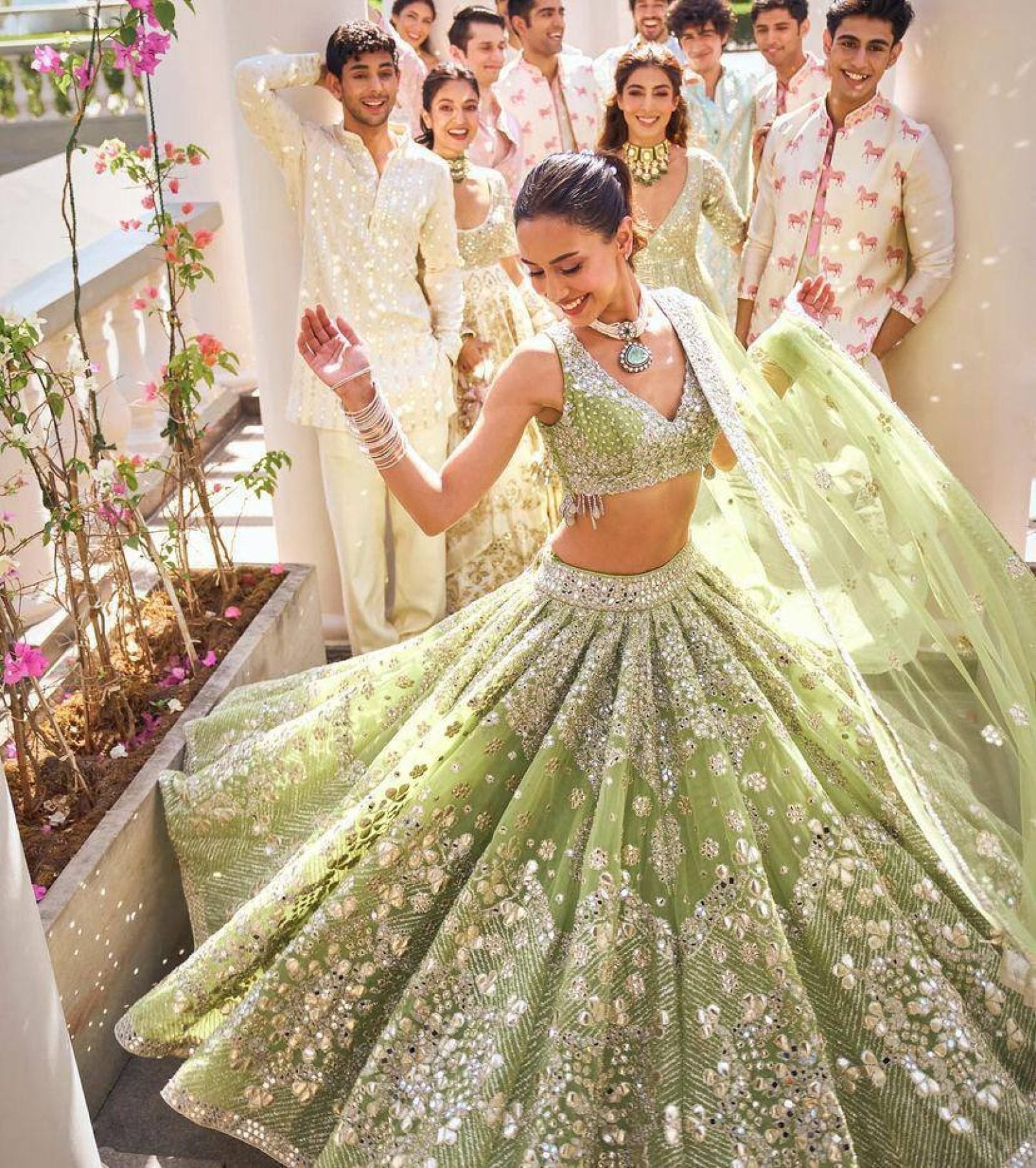Lehenga Set with Intricate Mirror and Floral Embroidery full drape view