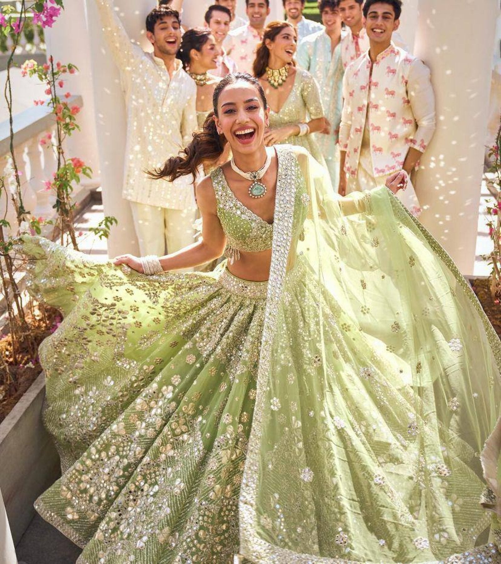 Lehenga Set with Intricate Mirror and Floral Embroidery blouse and dupatta detail
