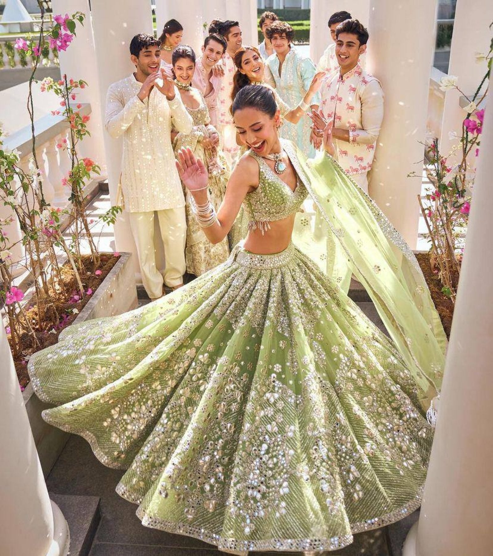 Lehenga Set with Intricate Mirror and Floral Embroidery fabric texture detail