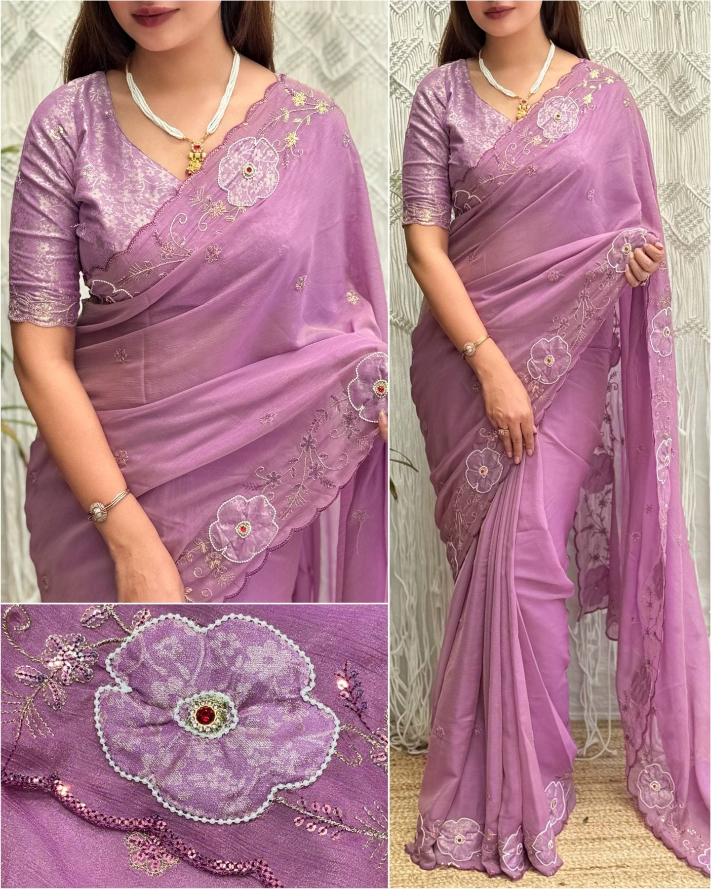 Lavender Saree - drape and pallu detail