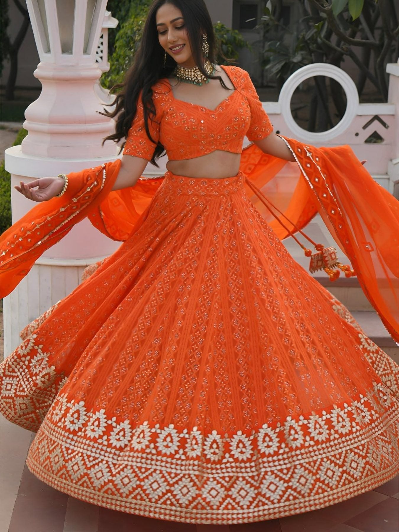 Orange Georgette Wedding Lehenga with Heavy Sequins and Gottapatti Work blouse and dupatta detail