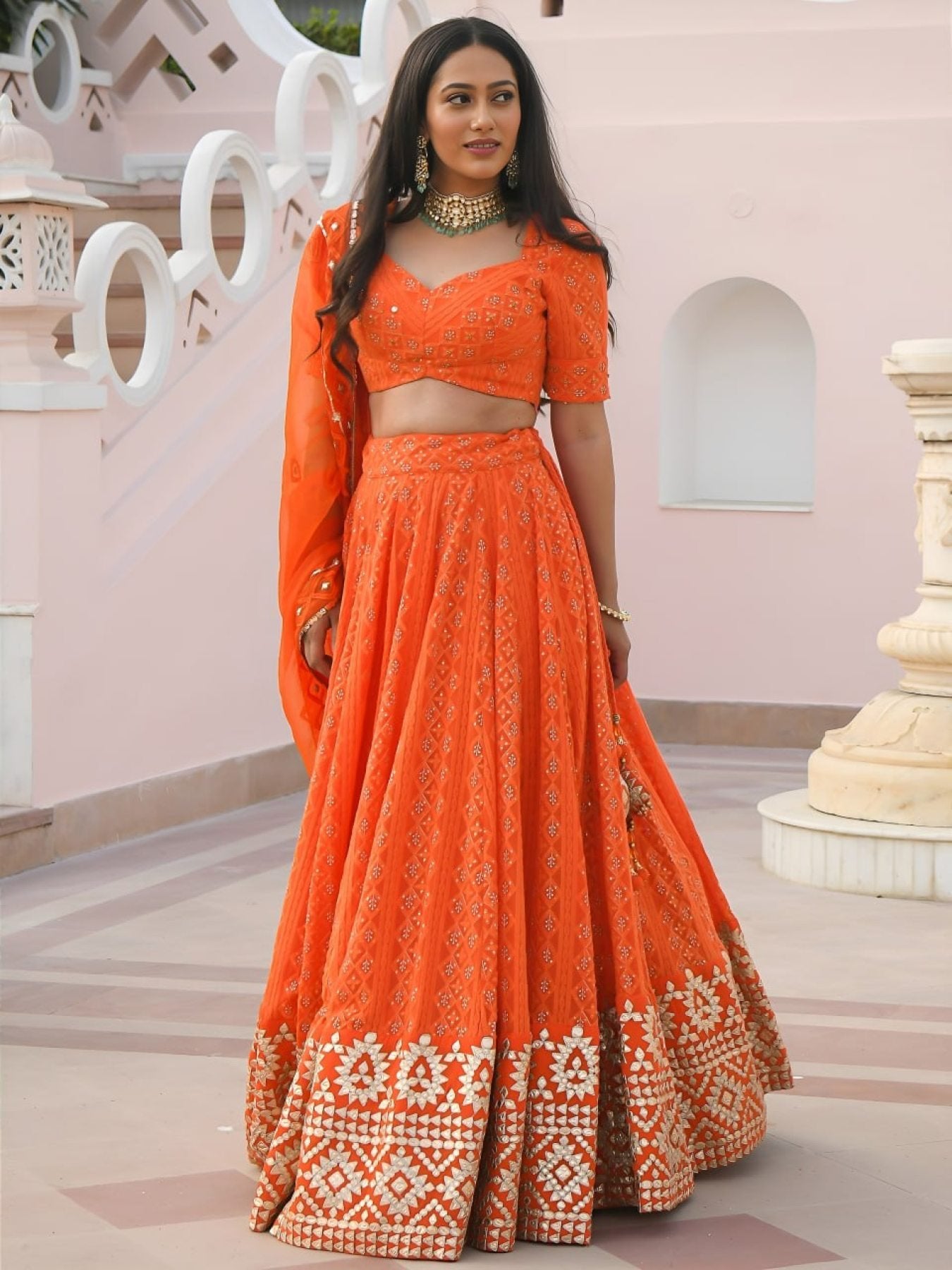 Orange Georgette Wedding Lehenga with Heavy Sequins and Gottapatti Work embroidery close-up