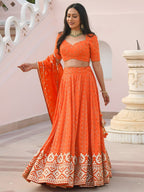 Orange Georgette Wedding Lehenga with Heavy Sequins and Gottapatti Work fabric texture detail