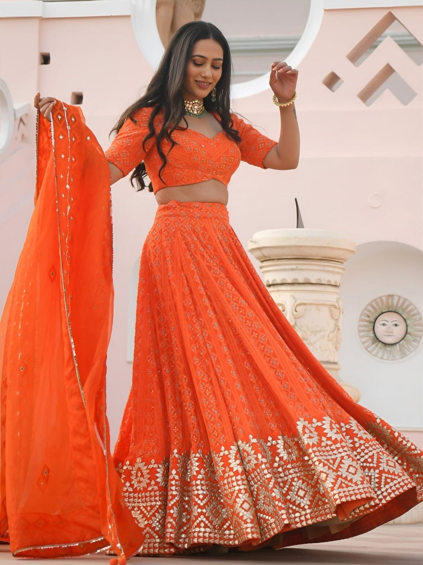 Orange Georgette Wedding Lehenga with Heavy Sequins and Gottapatti Work back view