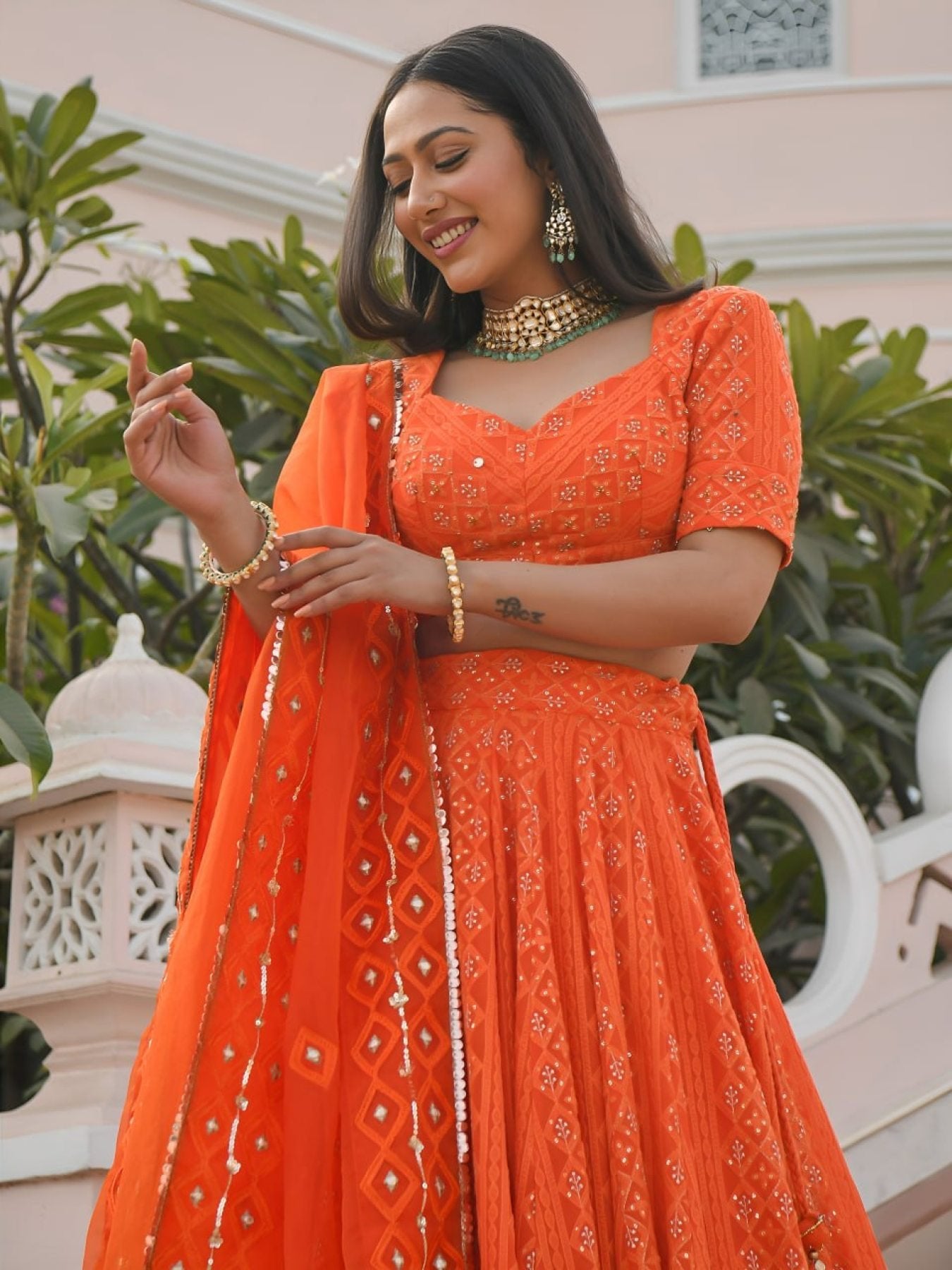 Orange Georgette Wedding Lehenga with Heavy Sequins and Gottapatti Work colour variant view