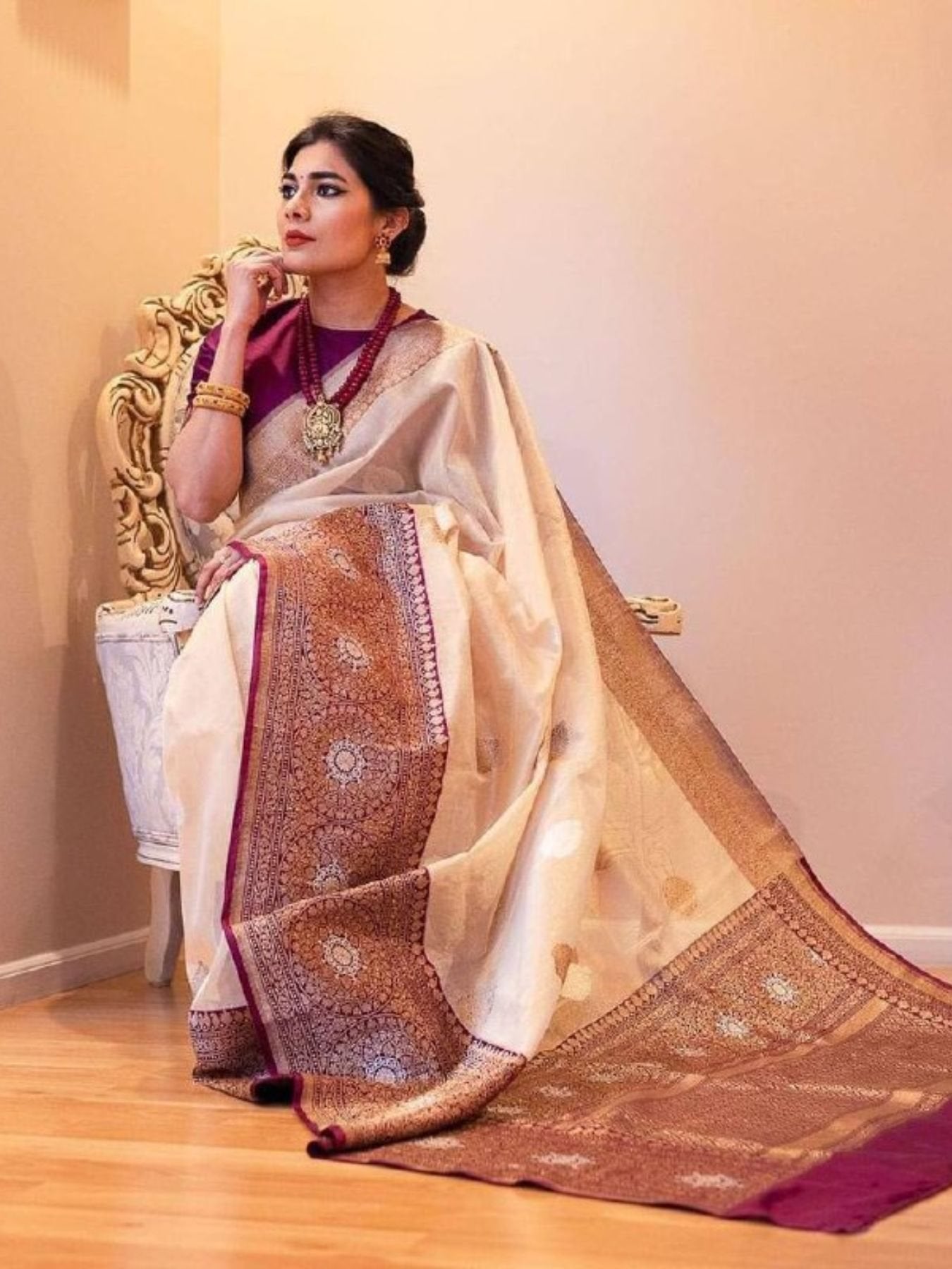 Gold Silk Saree for women - full front view | Snyvia