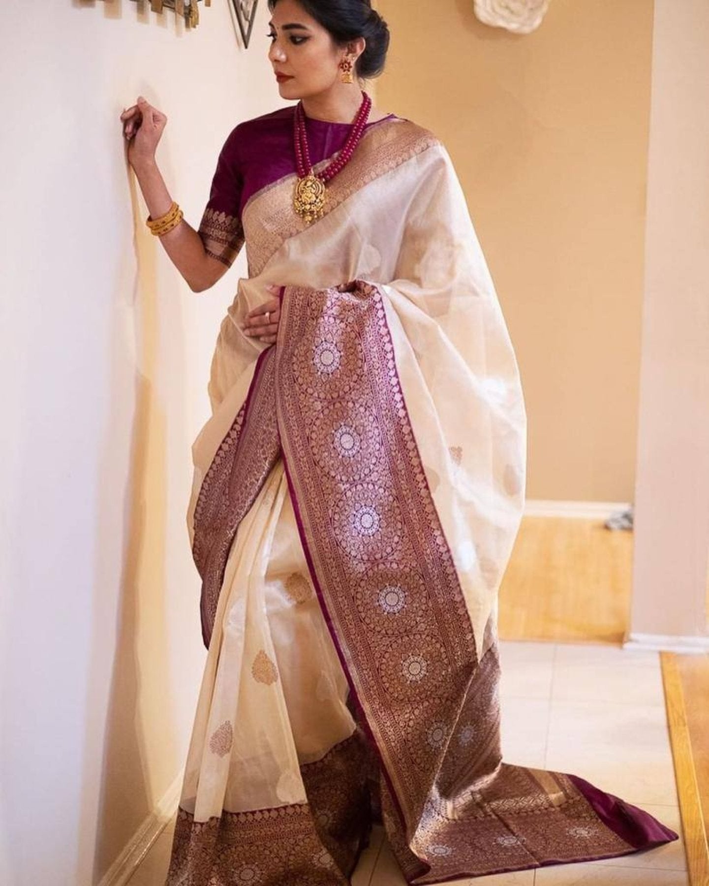 Gold Silk Saree - side drape view