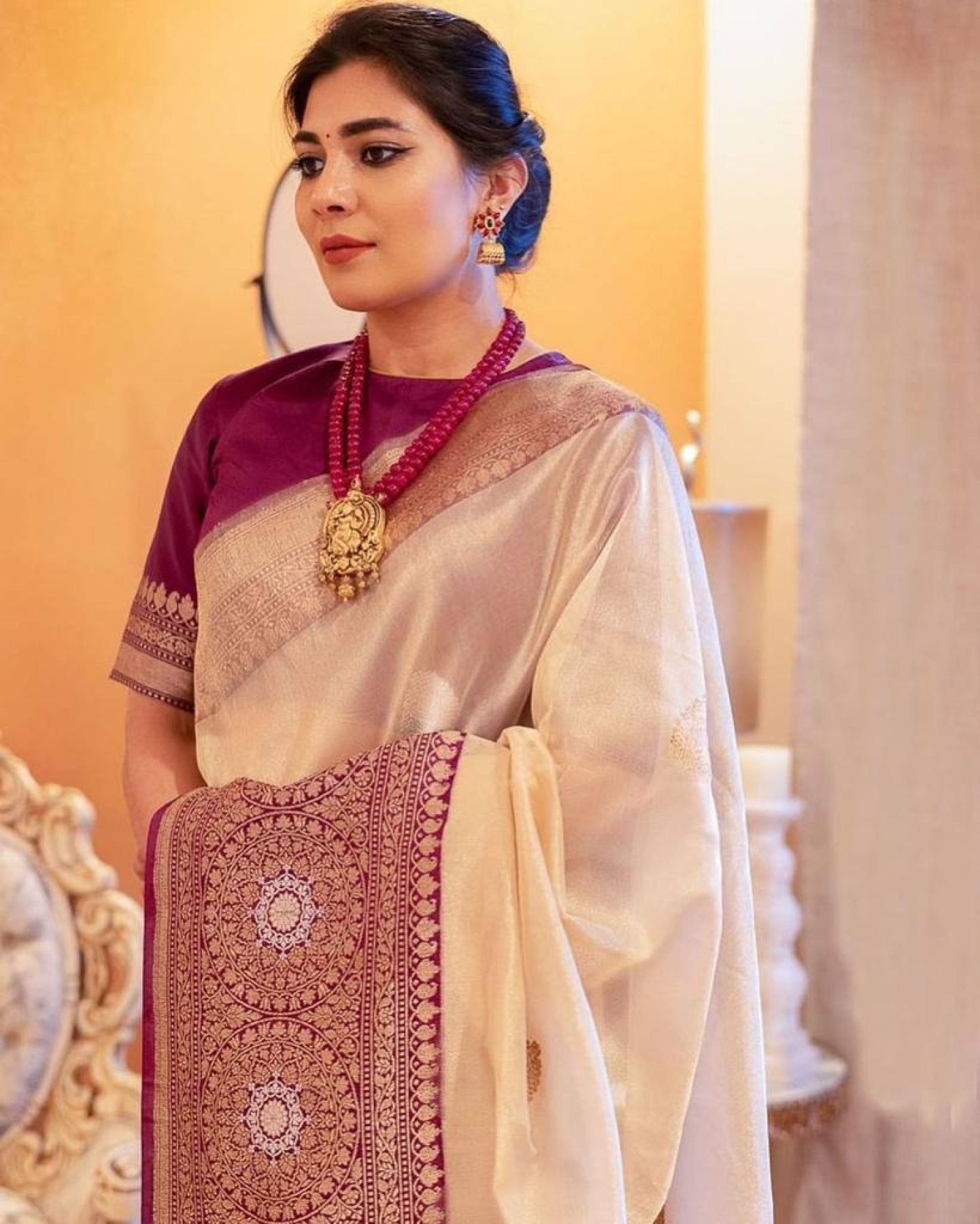 Gold Silk Saree - Zari embroidery work detail