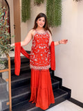 Orange Chinon Embroidered Kurti Pant Set with Dupatta for women | Snyvia
