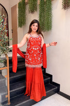 Orange Chinon Embroidered Kurti Pant Set with Dupatta full set view