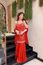 Orange Chinon Embroidered Kurti Pant Set with Dupatta detailed view