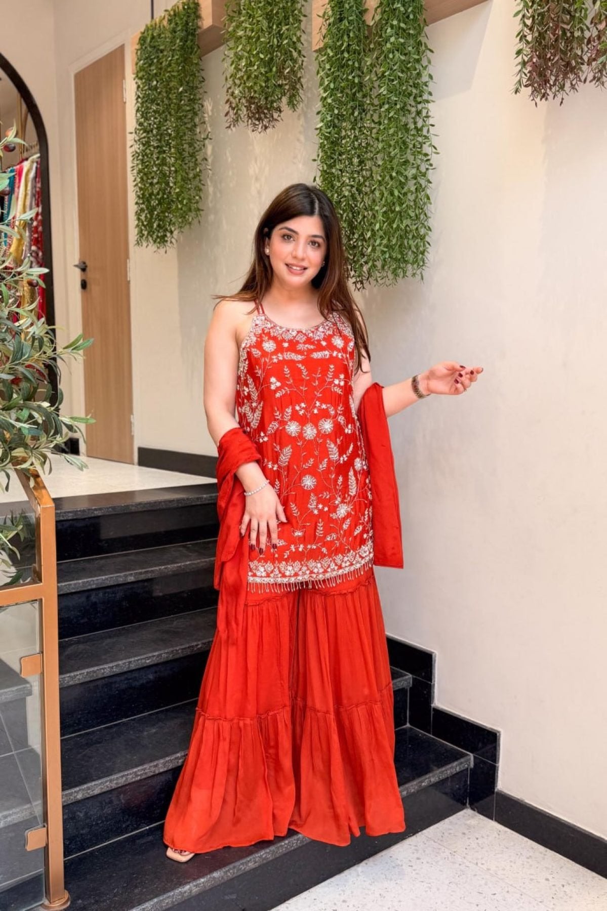 Orange Chinon Embroidered Kurti Pant Set with Dupatta embroidery close-up
