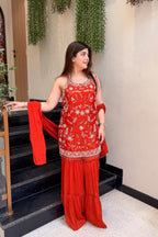 Orange Chinon Embroidered Kurti Pant Set with Dupatta fabric texture detail