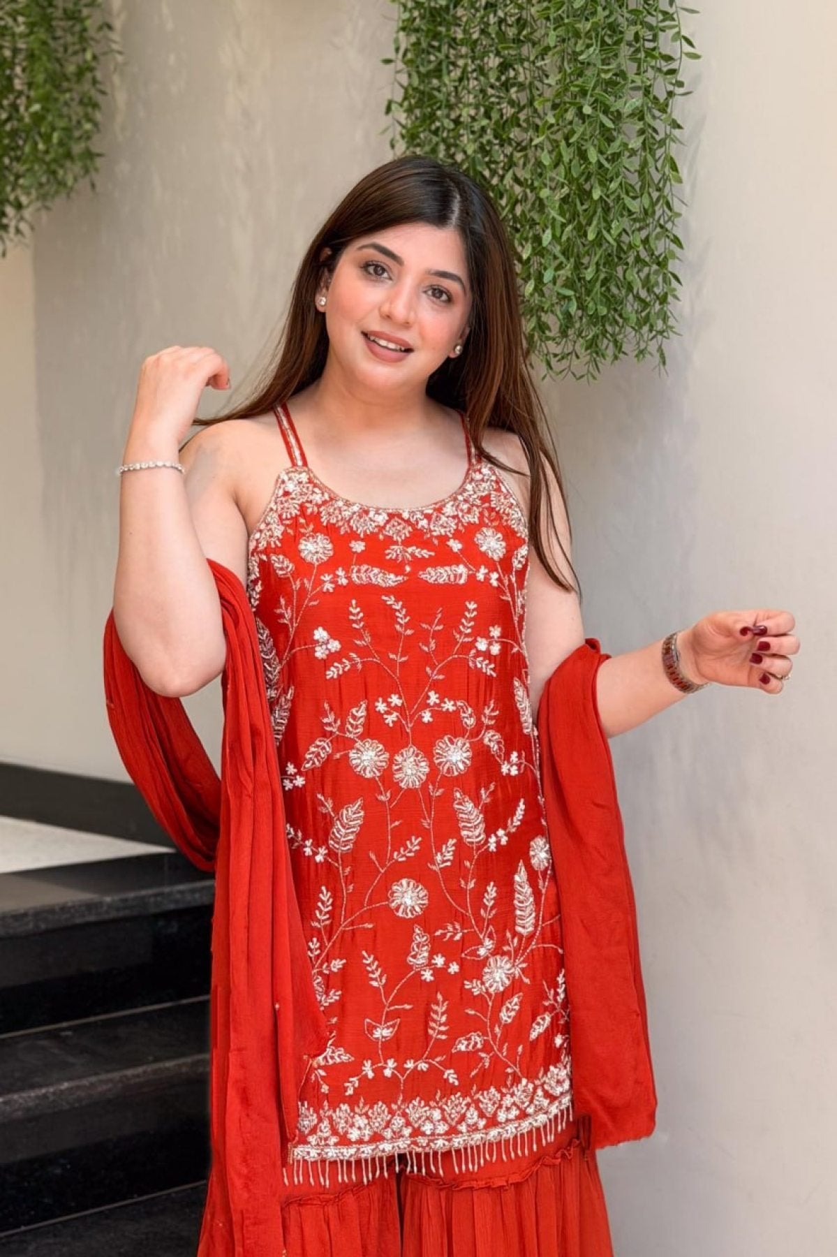 Orange Chinon Embroidered Kurti Pant Set with Dupatta back view