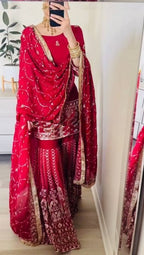Wedding Designer Red Chinon Silk Sharara Set with Dupatta for Women