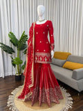 Wedding Designer Red Chinon Silk Sharara Set with Dupatta for Women