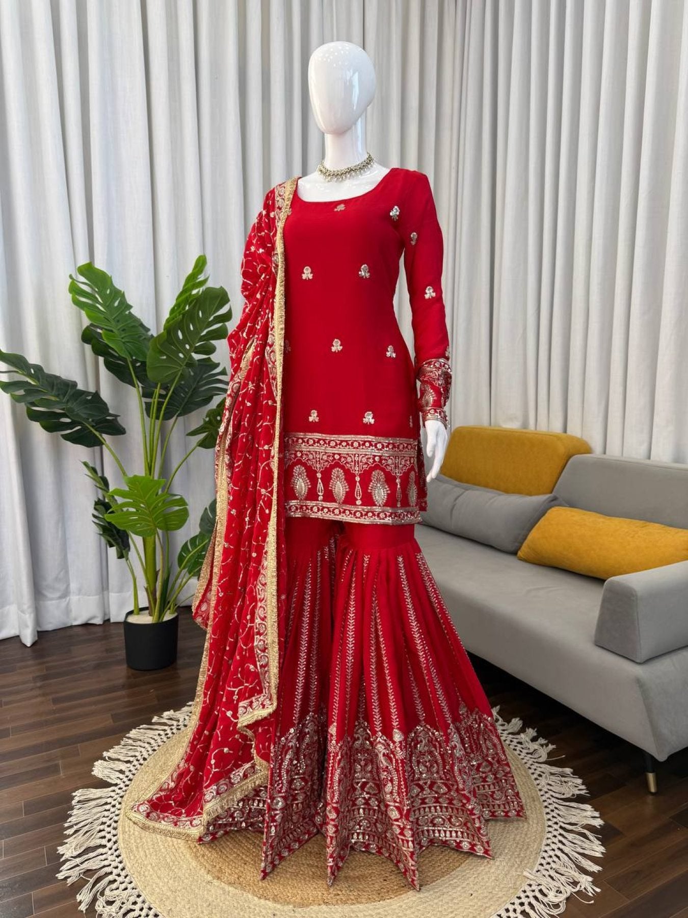 Wedding Designer Red Chinon Silk Sharara Set with Dupatta for Women