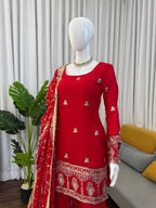 Wedding Designer Red Chinon Silk Sharara Set with Dupatta for Women