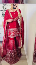 Wedding Designer Red Chinon Silk Sharara Set with Dupatta for Women