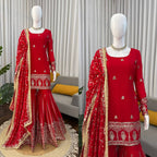 Wedding Designer Red Chinon Silk Sharara Set with Dupatta for Women