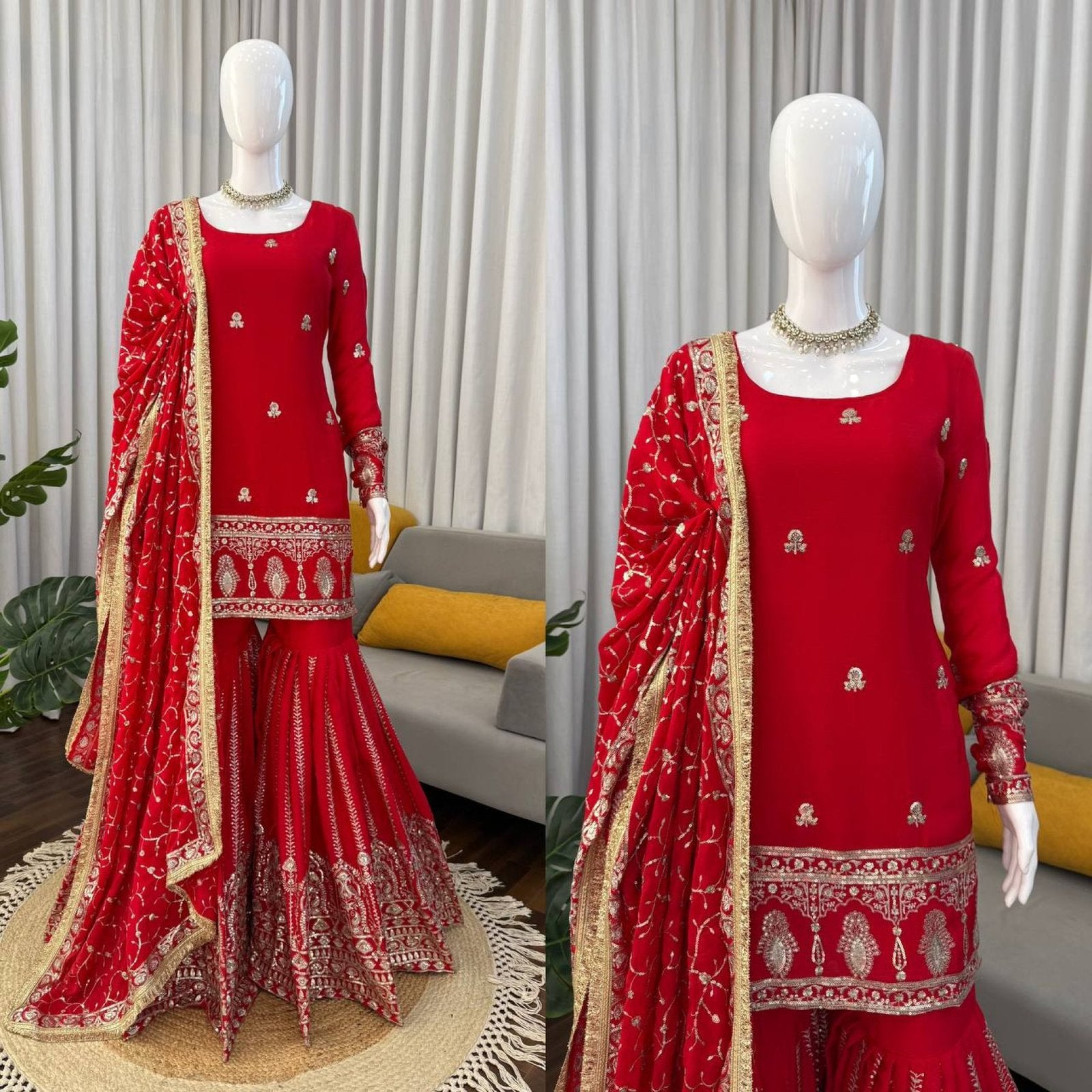 Wedding Designer Red Chinon Silk Sharara Set with Dupatta for Women