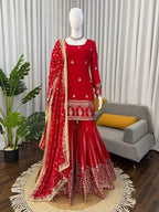 Wedding Designer Red Chinon Silk Sharara Set with Dupatta for Women