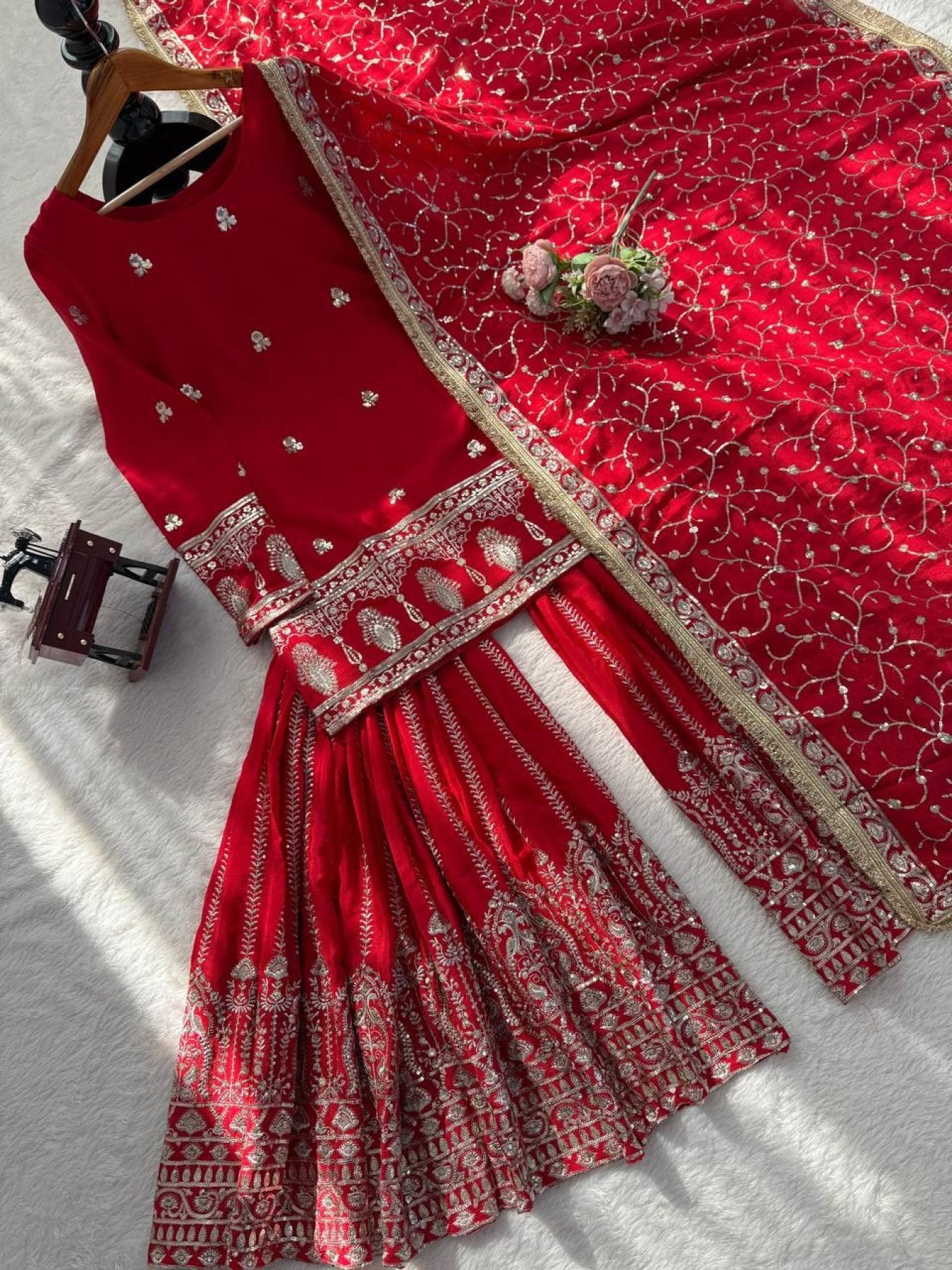 Wedding Designer Red Chinon Silk Sharara Set with Dupatta for Women
