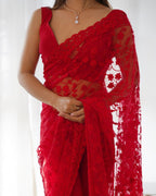 Red Net Saree - side drape view