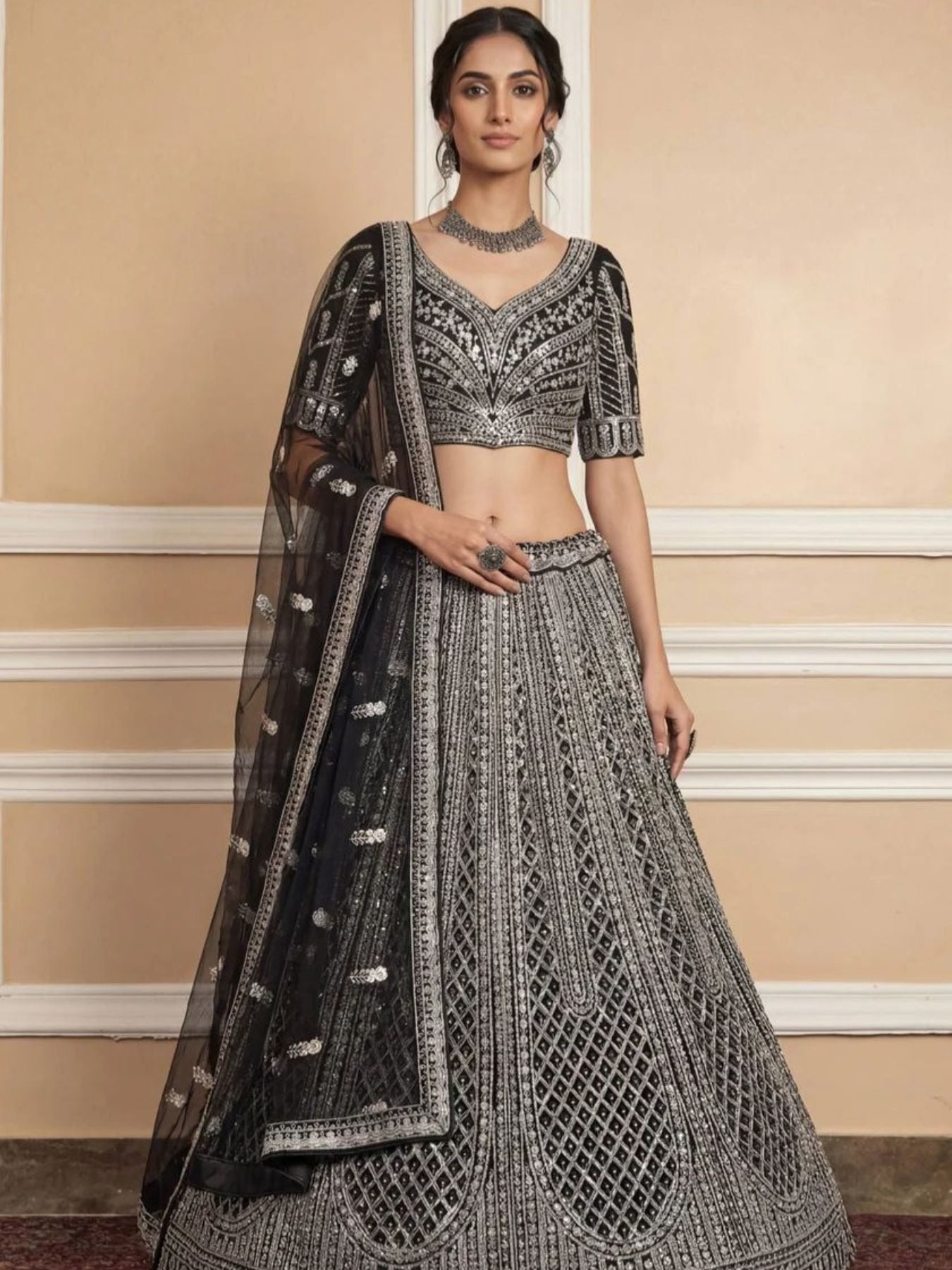 Navy Net Lehenga with Embroidery for Wedding Wear front view