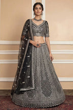 Navy Net Lehenga with Embroidery for Wedding Wear full drape view