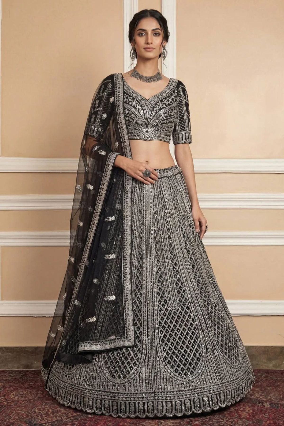 Navy Net Lehenga with Embroidery for Wedding Wear full drape view