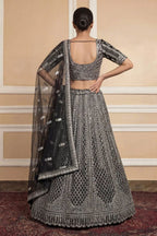 Navy Net Lehenga with Embroidery for Wedding Wear blouse and dupatta detail