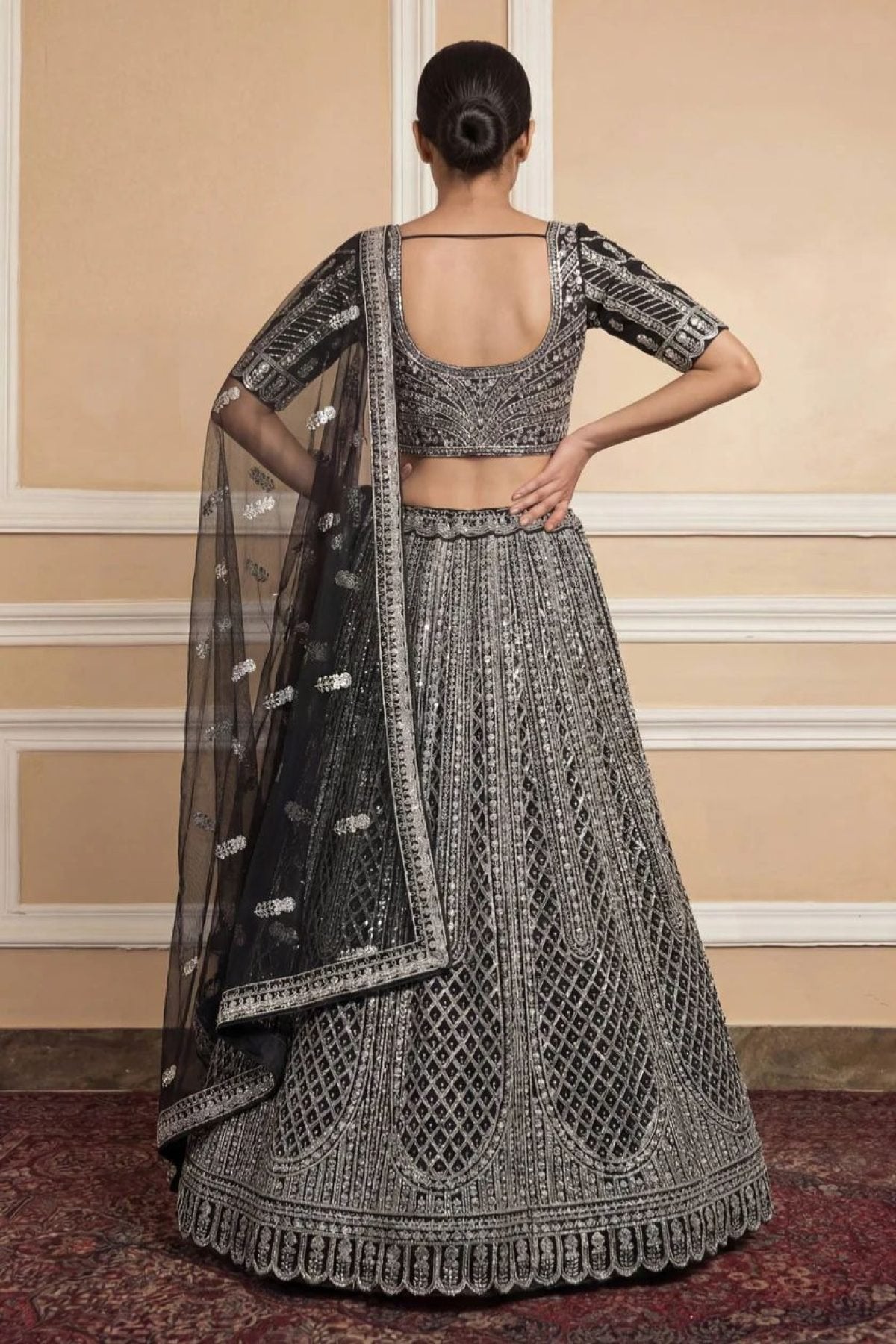 Navy Net Lehenga with Embroidery for Wedding Wear blouse and dupatta detail