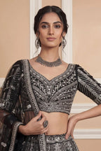 Navy Net Lehenga with Embroidery for Wedding Wear detailed view
