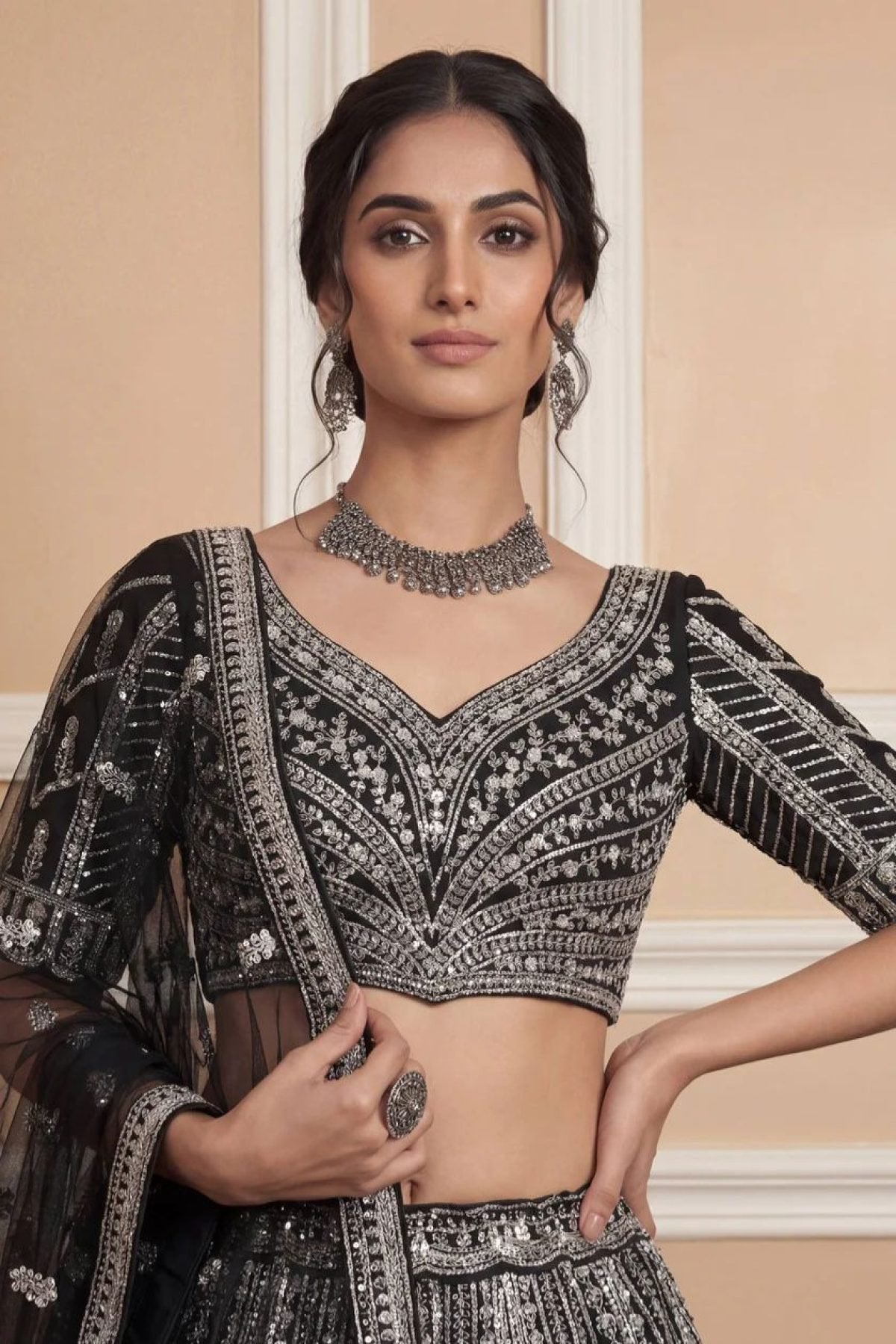 Navy Net Lehenga with Embroidery for Wedding Wear detailed view