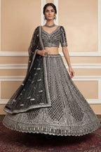 Navy Net Lehenga with Embroidery for Wedding Wear fabric texture detail