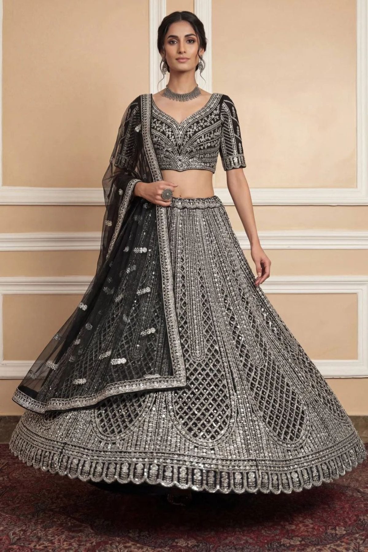 Navy Net Lehenga with Embroidery for Wedding Wear fabric texture detail