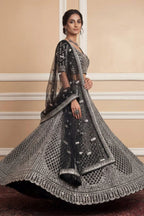 Navy Net Lehenga with Embroidery for Wedding Wear back view