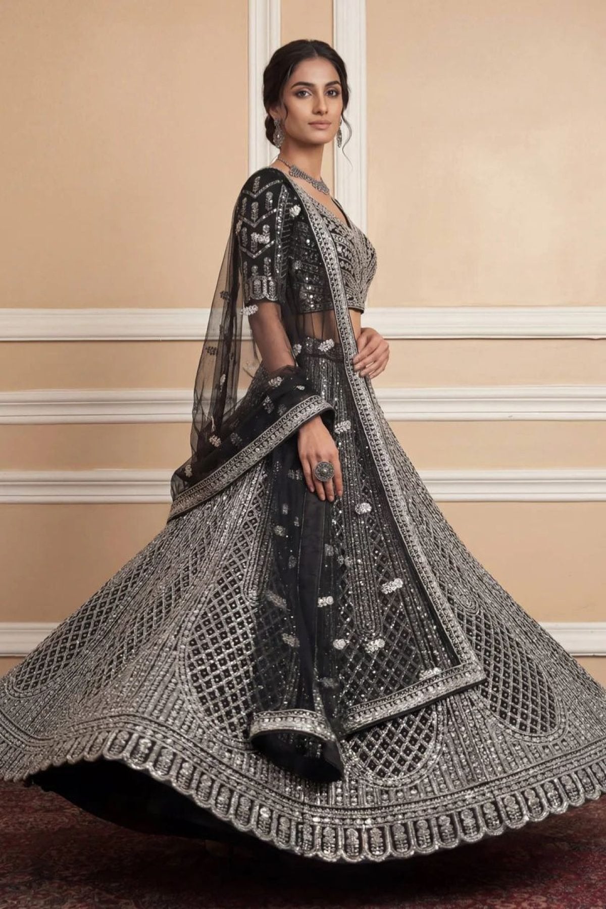 Navy Net Lehenga with Embroidery for Wedding Wear back view