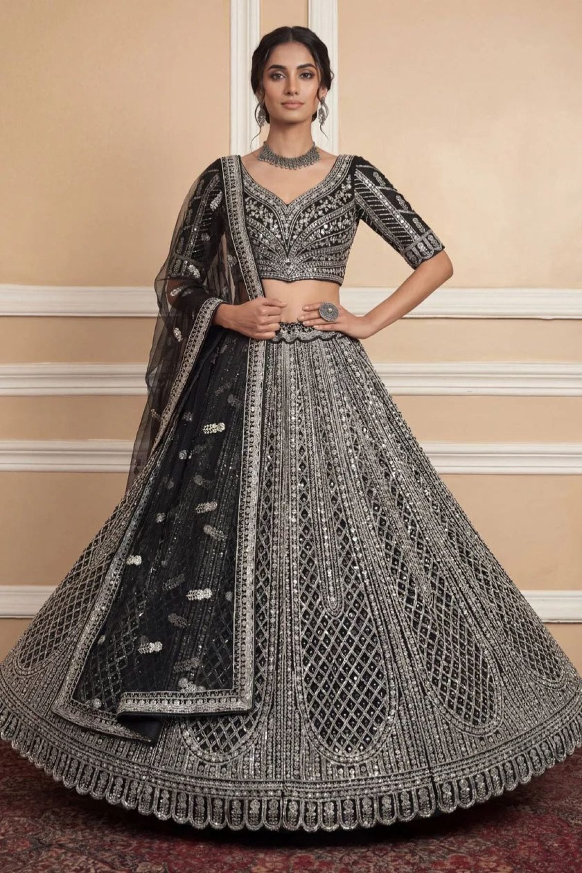 Navy Net Lehenga with Embroidery for Wedding Wear styling view