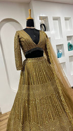 Wedding Special Golden Kasturi Silk Lehenga with Heavy Flair and Fancy Tass full drape view
