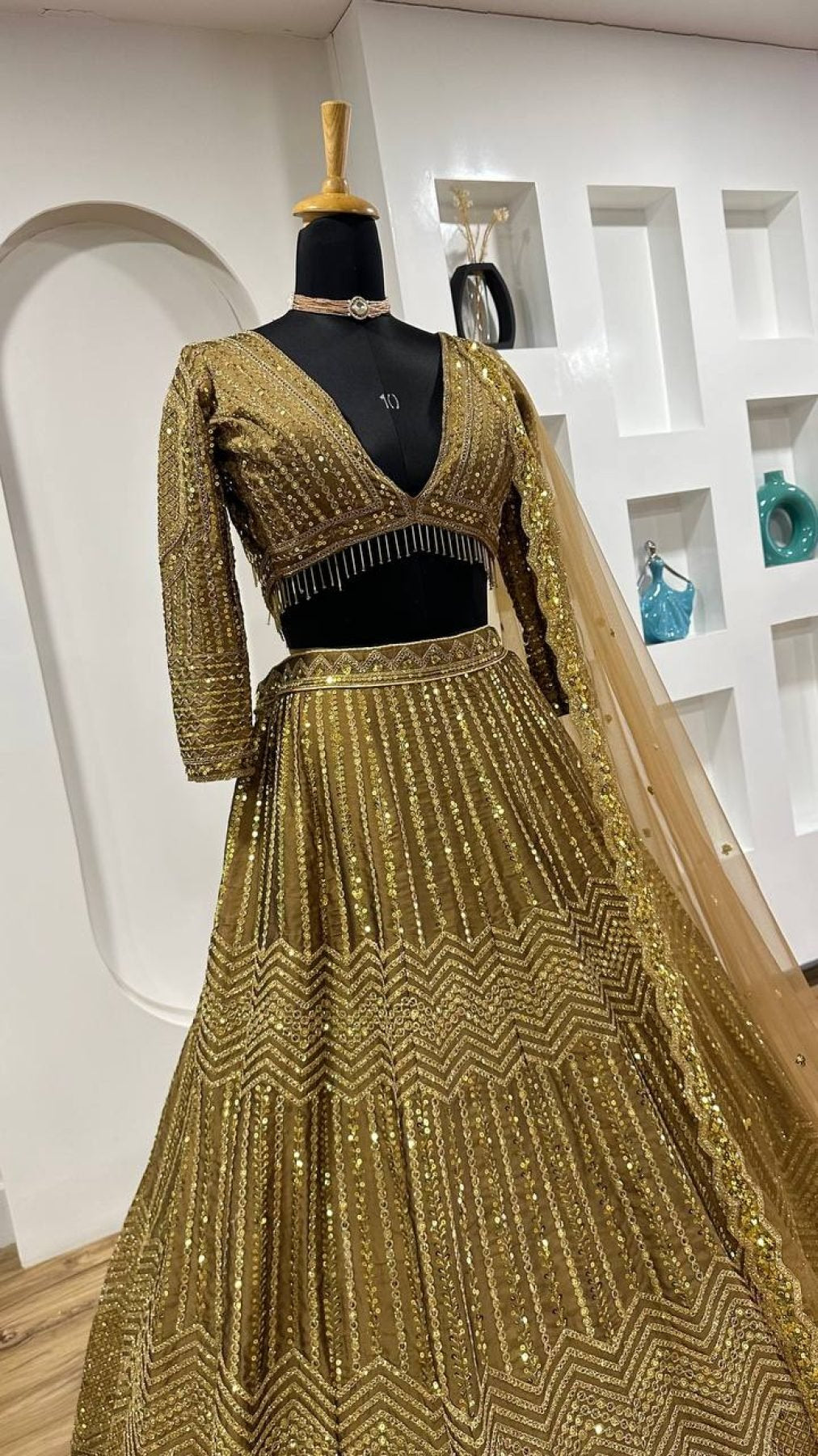 Wedding Special Golden Kasturi Silk Lehenga with Heavy Flair and Fancy Tass full drape view